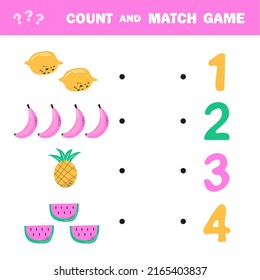Counting game for preschool children. How many - count and match. Banana, lemon, pineapple, watermelon. Simple flat isolated vector illustration.