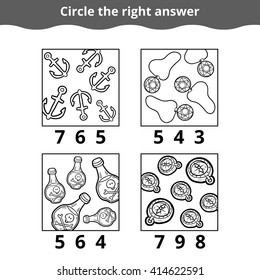 Counting Game for Preschool Children. How many objects on the picture, education game with pirate items.