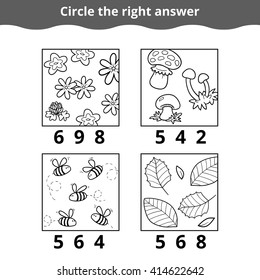 Counting Game for Preschool Children. How many objects on the picture, education game about nature items