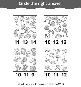 Counting Game for Preschool Children. How many objects on the picture, education game about the accessories