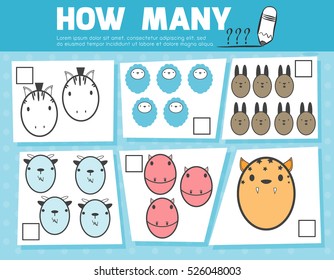 Counting Game for Preschool Children, Game for kids, Learning mathematics, Educational a mathematical game, How many objects on the picture, Counting game animals,Vector Illustration