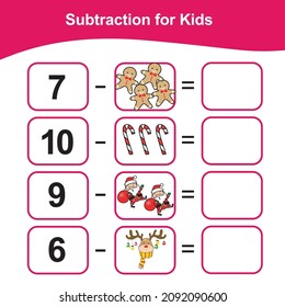 Counting Game for Preschool Children. Math Worksheet for Preschool. Christmas theme. Educational printable math worksheet. Subtraction math for kids. Vector illustration. 