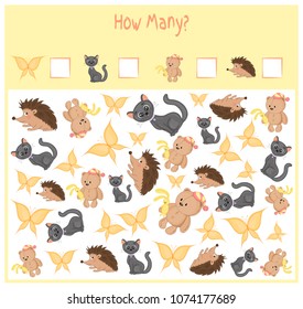 Counting game for Preschool Children. A mathematical Educational game. Count how many items and write the result. Wild and domestic animals. Nature.