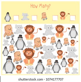 Counting game for Preschool Children. A mathematical Educational game. Count how many items and write the result. Wild and domestic animals. Nature.