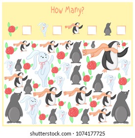 Counting game for Preschool Children. A mathematical Educational game. Count how many items and write the result. Wild and domestic animals. Nature.