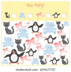 Counting game for Preschool Children. A mathematical Educational game. Count how many items and write the result. Wild and domestic animals. Nature.