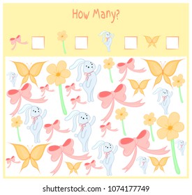 Counting game for Preschool Children. A mathematical Educational game. Count how many items and write the result. Wild and domestic animals. Nature.