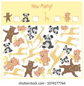 Counting game for Preschool Children. A mathematical Educational game. Count how many items and write the result. Wild and domestic animals. Nature.
