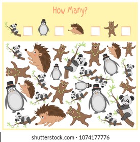 Counting game for Preschool Children. A mathematical Educational game. Count how many items and write the result. Wild and domestic animals. Nature.