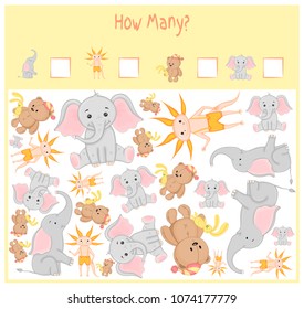 Counting game for Preschool Children. A mathematical Educational game. Count how many items and write the result. Wild and domestic animals. Nature.