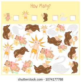 Counting game for Preschool Children. A mathematical Educational game. Count how many items and write the result. Wild and domestic animals. Nature.