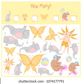 Counting game for Preschool Children. A mathematical Educational game. Count how many items and write the result. Wild and domestic animals. Nature.