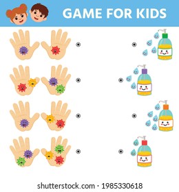 Counting Game for Preschool Children. Medicine  theme. Hand detergent protects against viruses and bacteria. Worksheet 