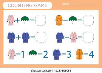 Counting game for preschool children. Solve the riddle with the help of children's clothes and solve the examples