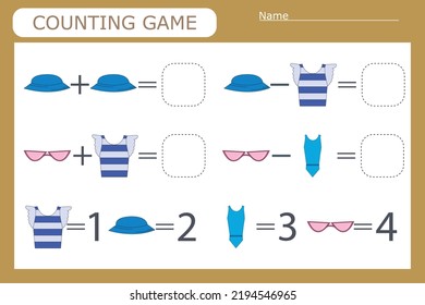 Counting game for preschool children. Solve the riddle with the help of children's clothes and solve the examples