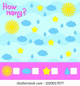 Counting game for preschool children. The study of mathematics. How much. The sun, a cloud, a star, a drop of rain. With a place for answers. Simple flat isolated vector illustration.