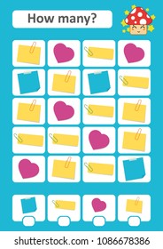 Counting game for preschool children. The study of mathematics. How many items in the picture. Sticky notes. With a place for answers. Simple flat isolated vector illustration