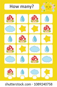 Counting game for preschool children. The study of mathematics. How many items in the picture. Mushroom, drop, cloud, star. With a place for answers. Simple flat isolated vector illustration
