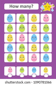 Counting game for preschool children. The study of mathematics. How many items in the picture. Easter eggs. With a place for answers. Simple flat isolated vector illustration