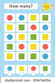 Counting game for preschool children. The study of mathematics. How many objects in the picture. Square, circle. With a place for answers. Simple flat isolated vector illustration