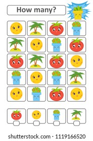 Counting game for preschool children. The study of mathematics. How many characters in the picture. Moon, palm, tomato, flower pot. With a place for answers. Simple flat isolated vector illustration