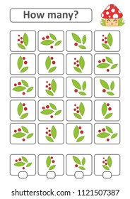 Counting game for preschool children. The study of mathematics. With a place for answers. Simple flat isolated vector illustration