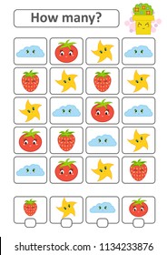 Counting game for preschool children. The study of mathematics. How many characters in the picture. With a place for answers. Simple flat isolated vector illustration
