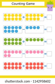 Counting game for preschool children. The study of mathematics. Addition and subtraction. Colored circles. With a place for answers. Simple flat isolated vector illustration