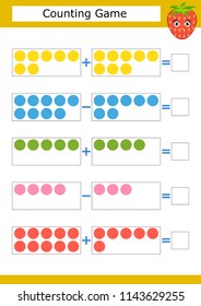 Counting game for preschool children. The study of mathematics. Addition and subtraction. Colored circles. With a place for answers. Simple flat isolated vector illustration