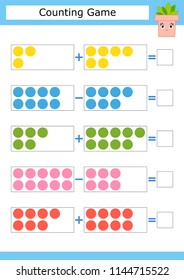 Counting game for preschool children. The study of mathematics. Addition and subtraction. Colored circles. With a place for answers. Simple flat isolated vector illustration