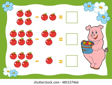 Counting Game for Preschool Children. Subtraction worksheets. Pig and apple. Educational a mathematical game. Count the numbers in the picture and write the result. 