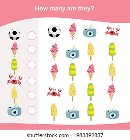 Counting game for Preschool Children. This worksheet is suitable for educating an early age children to count well when they try to count how many similar images are there on the sheet. Educational p