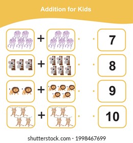 Counting game for preschool children. This worksheet is good for children to matching the images with the numbers. Educational printable math worksheet. Additional math games for kids.