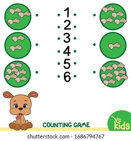 Juego de conteo para niños en edad preescolar. Ilustración vectorial. Cuenta cuántos huesos hay en las placas y traza una línea