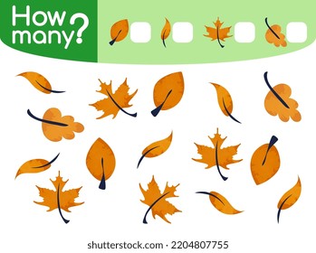 Counting game for preschool children vector illustration. Educational game. Count how many leaves by types and write the result. Flat cartoon style with watercolor texture