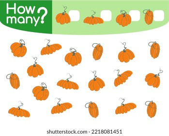 Counting game for preschool children vector illustration. Educational mathematical game. Count how many pumpkins by shapes and write the result. Flat cartoon style 
