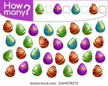 Counting game for preschool children vector illustration. Educational mathematical game. Count how many Easter eggs by colors and decor and write the result
