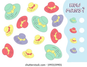 Counting Game For Preschool Kids. Educational Math Game. Count How Many Hats There Are And Write Down The Result. Vector Illustration In Cartoon Style