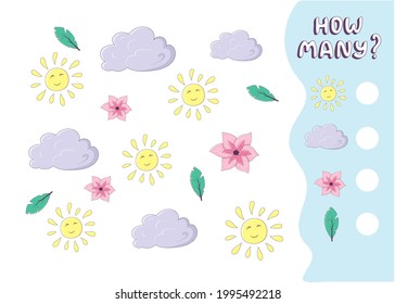 Counting game for preschool kids. Educational math game. Count how many sun, cloud, leaves and flowers there are and write down the result. Vector illustration in cartoon style
