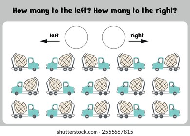 Counting game for preschoolers: count how many concrete mixers face left and right. Educational printable worksheet for kindergarten. Vector illustration.