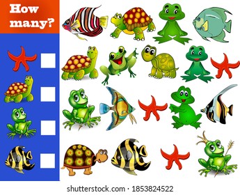 Counting game for preschoolers. Educational math game. Count how many different animals and write down the result!