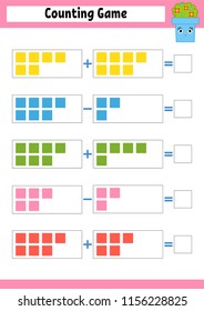 Counting game for preschoolers. Educational mathematical game on addition and subtraction. Active worksheet for kids. Bright vector illustration.