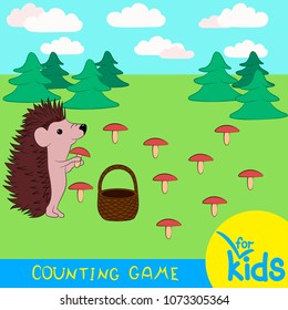 Counting game for preschoolers. Mathematical task. Count how many mushrooms will gather hedgehog in a basket.