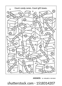 Counting game or puzzle: Count candy canes. Count gift boxes. Answer included.
