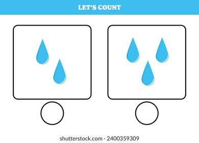 Counting game with rain drop. Educational worksheet design for preschool, kindergarten students. Learning mathematics. Brain teaser fun activity for kids.