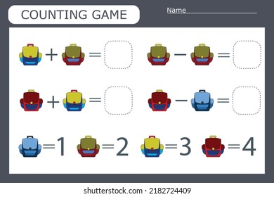 counting game with school supplies, backpacks. Preschool worksheet, kids activity sheet, printable worksheet
