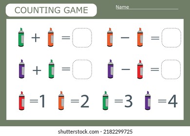 counting game with school supplies, markers. Preschool worksheet, kids activity sheet, printable worksheet
