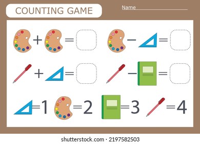 Spiel mit Schulbedarf zählen. Vorschulblatt, Kinderaktivitätsblatt, Druckbogen