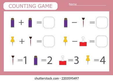 counting game with school supplies. Preschool worksheet, kids activity sheet, printable worksheet