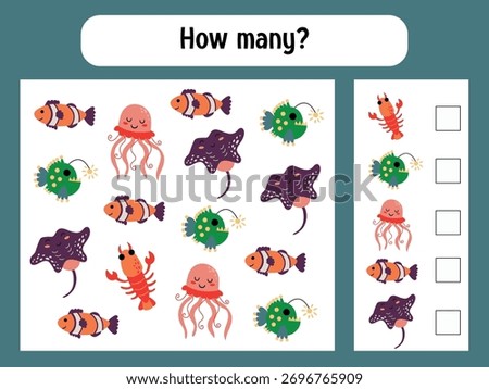 Counting Game with Sea Creatures Illustration. Educational games for children
